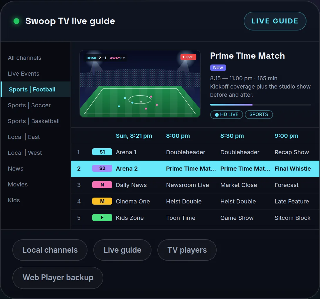 Swoop TV live TV guide with sports, news and movie channel groups