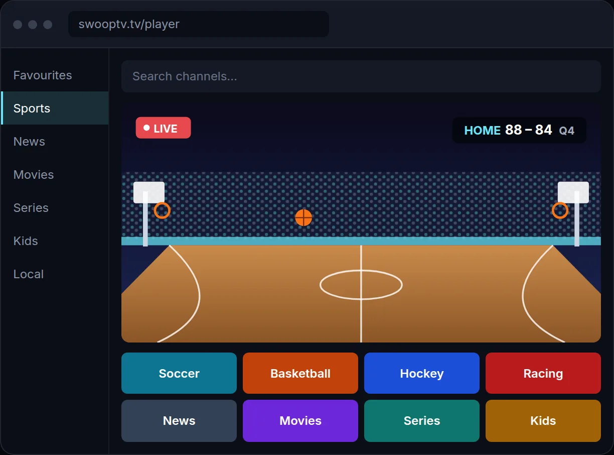 Swoop TV web player in the browser with channel search, live sports and categories