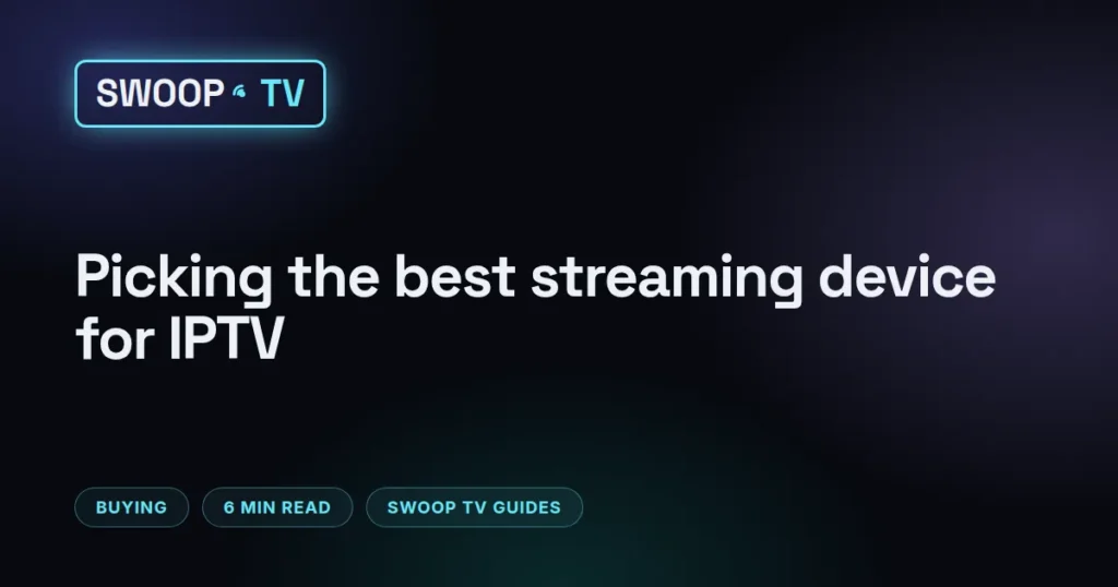 Swoop TV Firestick vs Android box – Swoop TV streaming device guide: Fire TV stick beside a Google TV box with a network cable plugged in