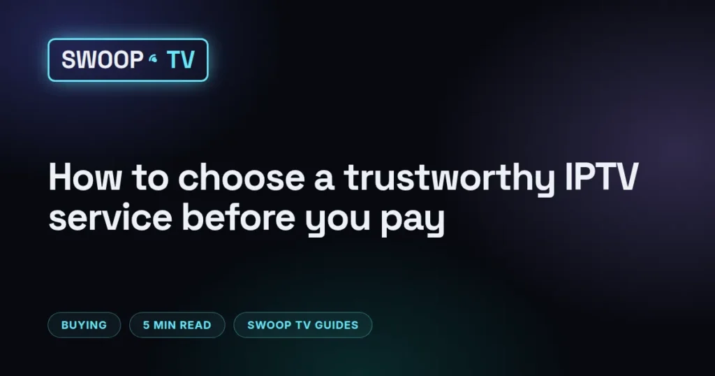 Safe IPTV provider – Swoop TV checklist for choosing a trustworthy IPTV service shown beside a laptop and TV remote