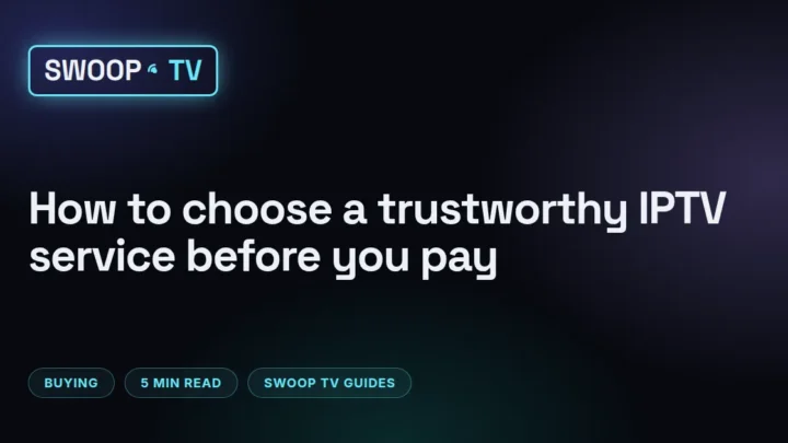 Safe IPTV provider – Swoop TV checklist for choosing a trustworthy IPTV service shown beside a laptop and TV remote