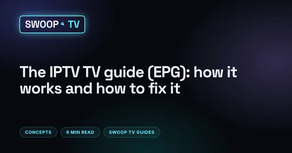 What is EPG – Swoop TV program guide grid on a TV screen with channel rows and evening time slots