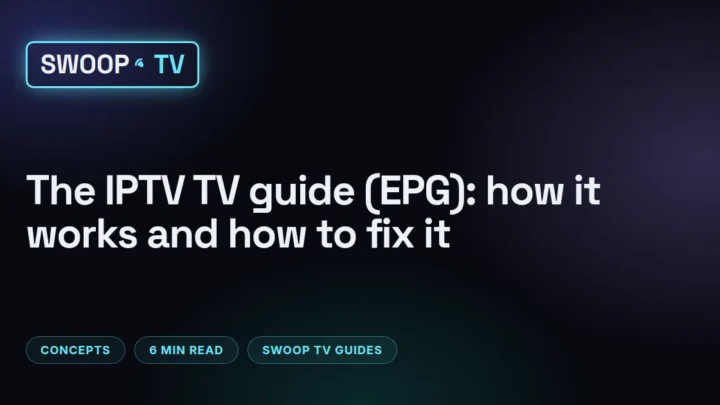 What is EPG – Swoop TV program guide grid on a TV screen with channel rows and evening time slots