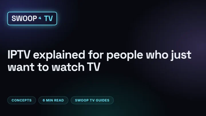 What is IPTV – Swoop TV illustration of a live channel streaming from a server over home broadband to a TV, a phone and a laptop