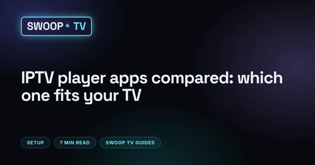 Best IPTV player app – Swoop TV comparison of IPTV player apps running on a Firestick, an Android TV box, a Smart TV and a laptop
