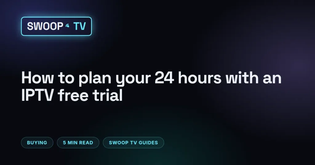 IPTV free trial checklist – Swoop TV free trial test plan on a notepad beside a TV remote, with boxes for live channels, the guide and prime time