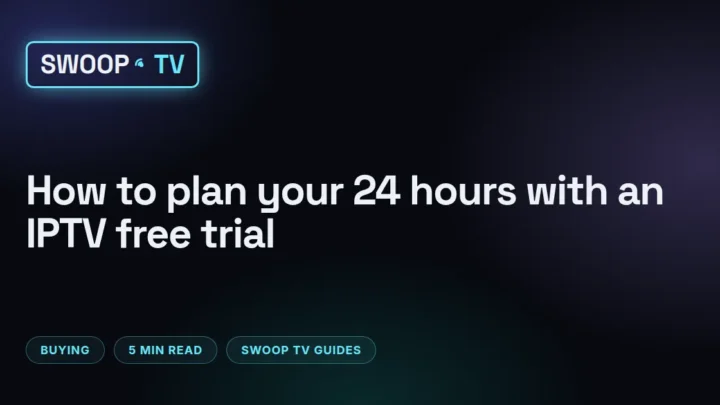IPTV free trial checklist – Swoop TV free trial test plan on a notepad beside a TV remote, with boxes for live channels, the guide and prime time